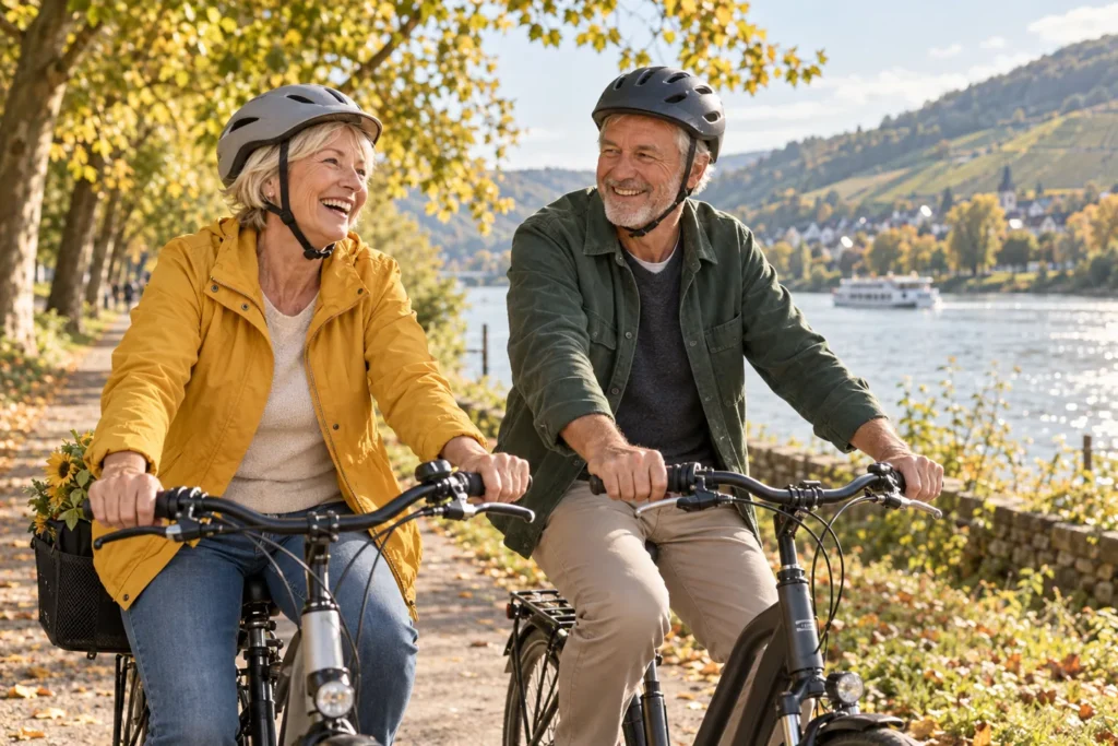 Ein älteres Paar ist gemeinsam mit Fahrrädern am Fluss unterwegs.